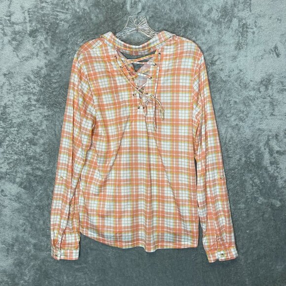 Women Colorful Plaid Lace Up Back Roll Tab Long Sleeve Button Up Shirt XL NWT - Picture 2 of 14